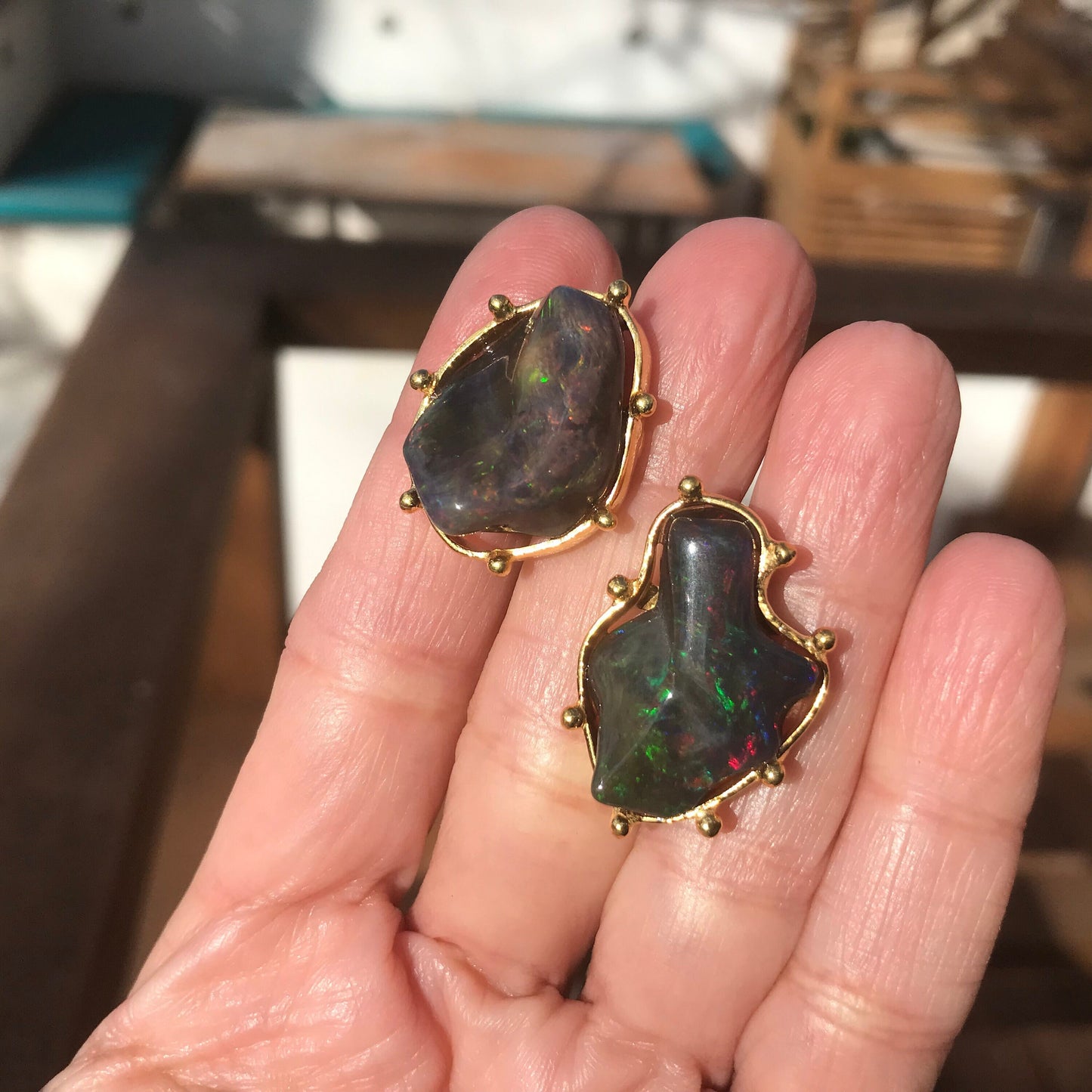 Sterling Silver Natural black fire Opal heirloom large stud Earrings