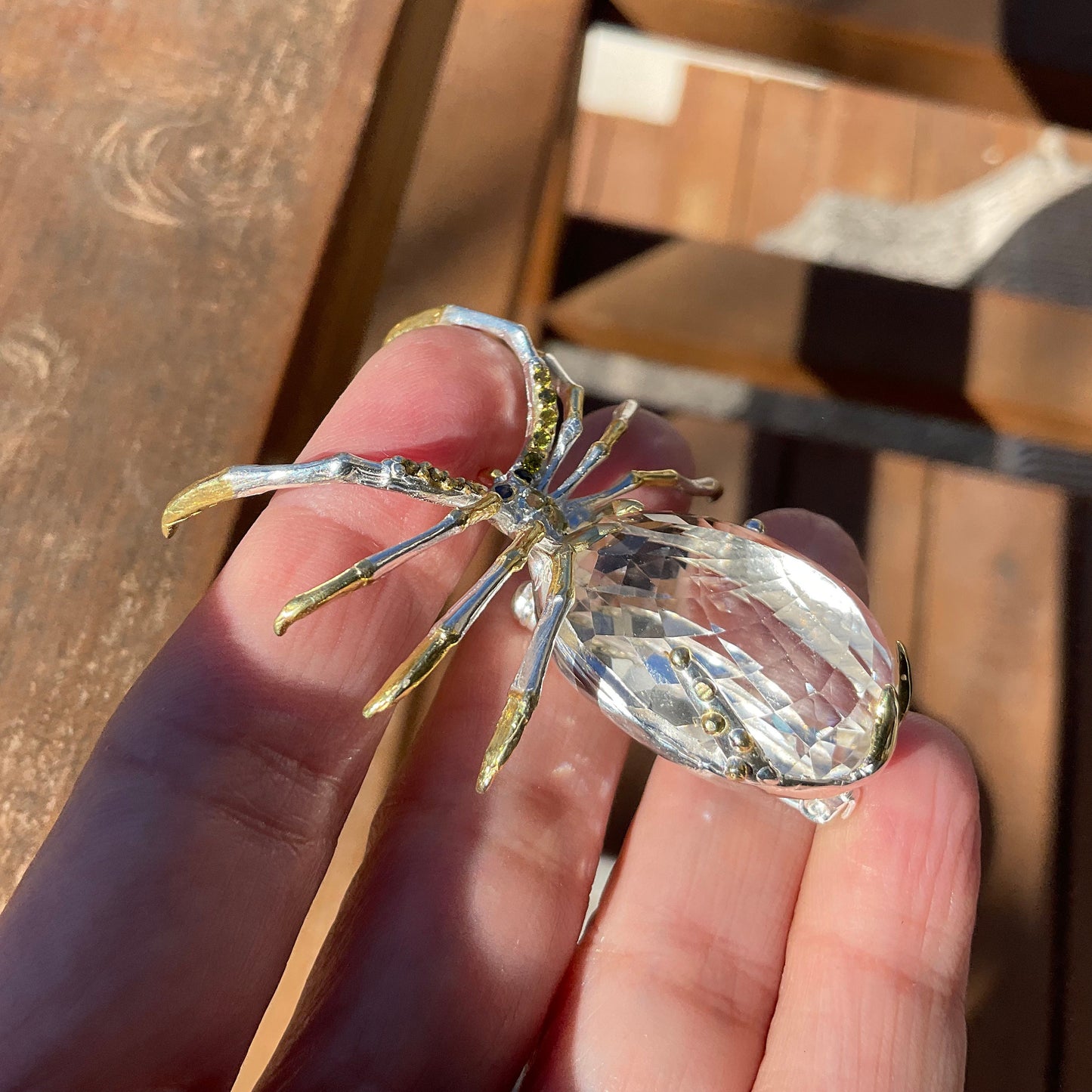 Handmade Sterling Silver 65ct  Natural quartz  spider Brooch Pin
