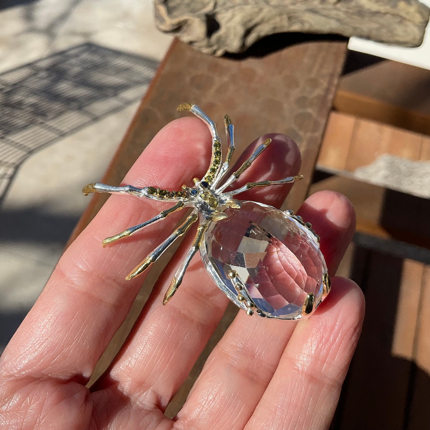 Handmade Sterling Silver 65ct  Natural quartz  spider Brooch Pin