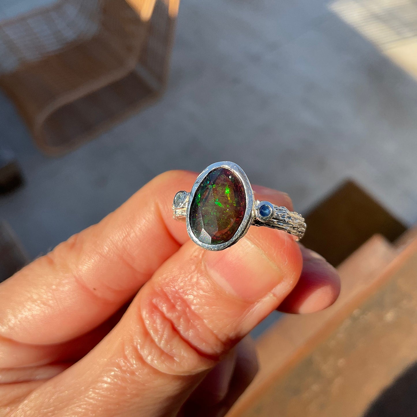 sterling silver Natural black mesmerizing Fire Opal sapphire ring 8