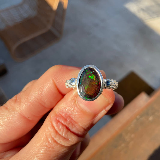 sterling silver Natural black mesmerizing Fire Opal sapphire ring 8