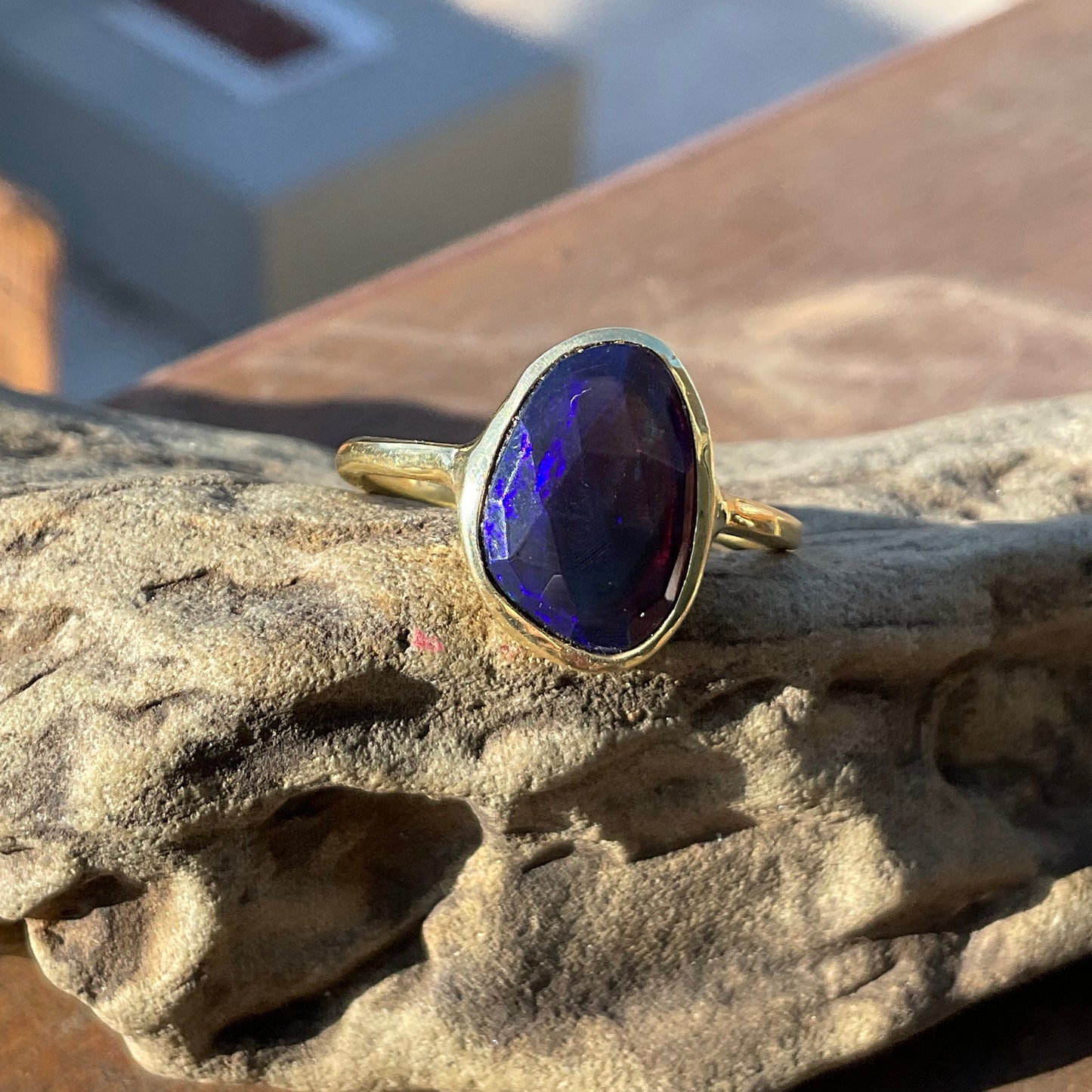 sterling silver Natural black mesmerizing blue Fire Opal  ring 7