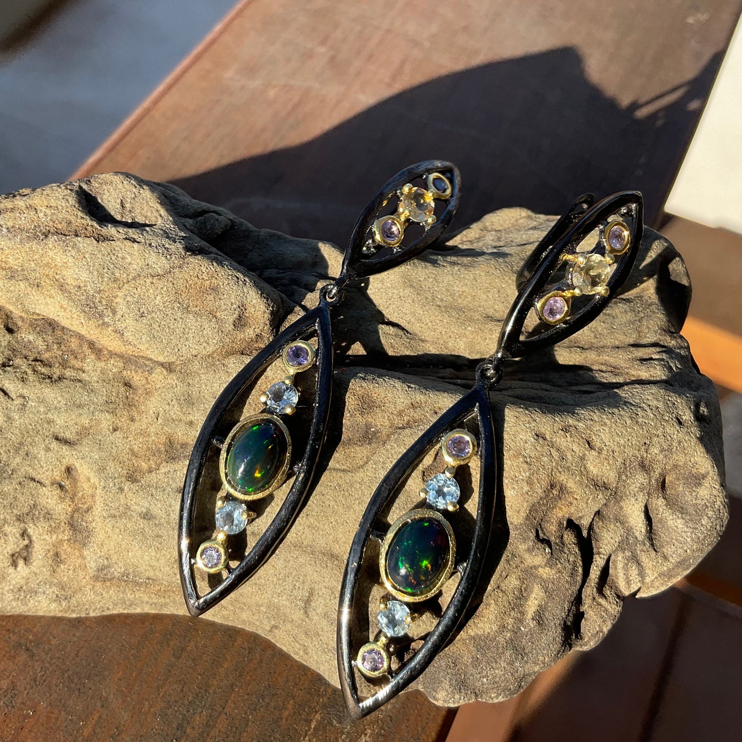 Sterling Silver  Natural black Opal topaz modernist earrings