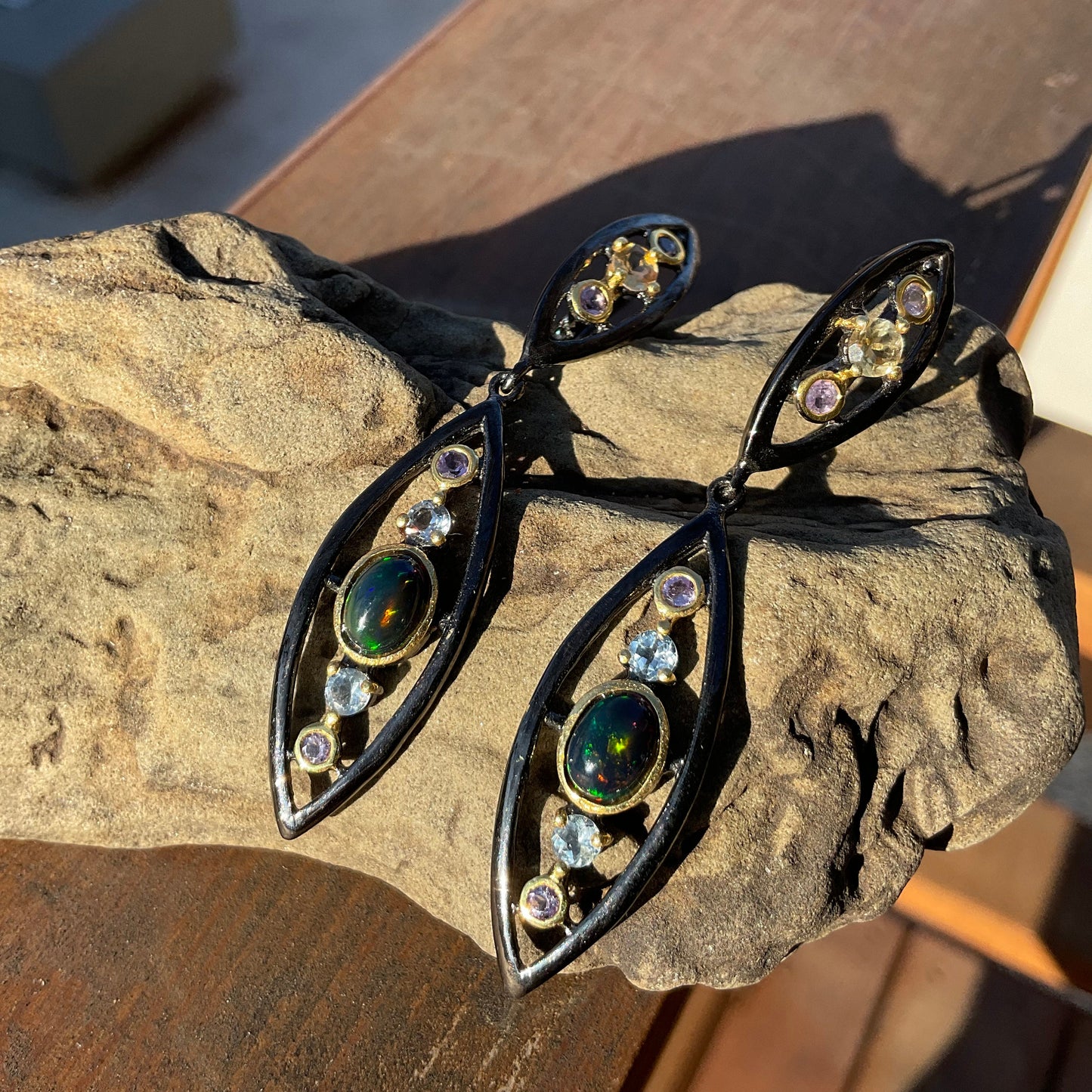 Sterling Silver  Natural black Opal topaz modernist earrings