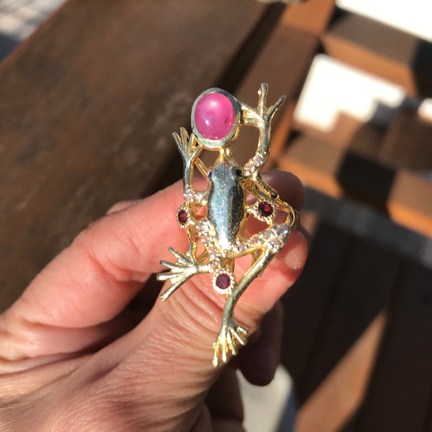 Sterling Silver ruby rhodolite gold  artwork frog Statement Ring 8