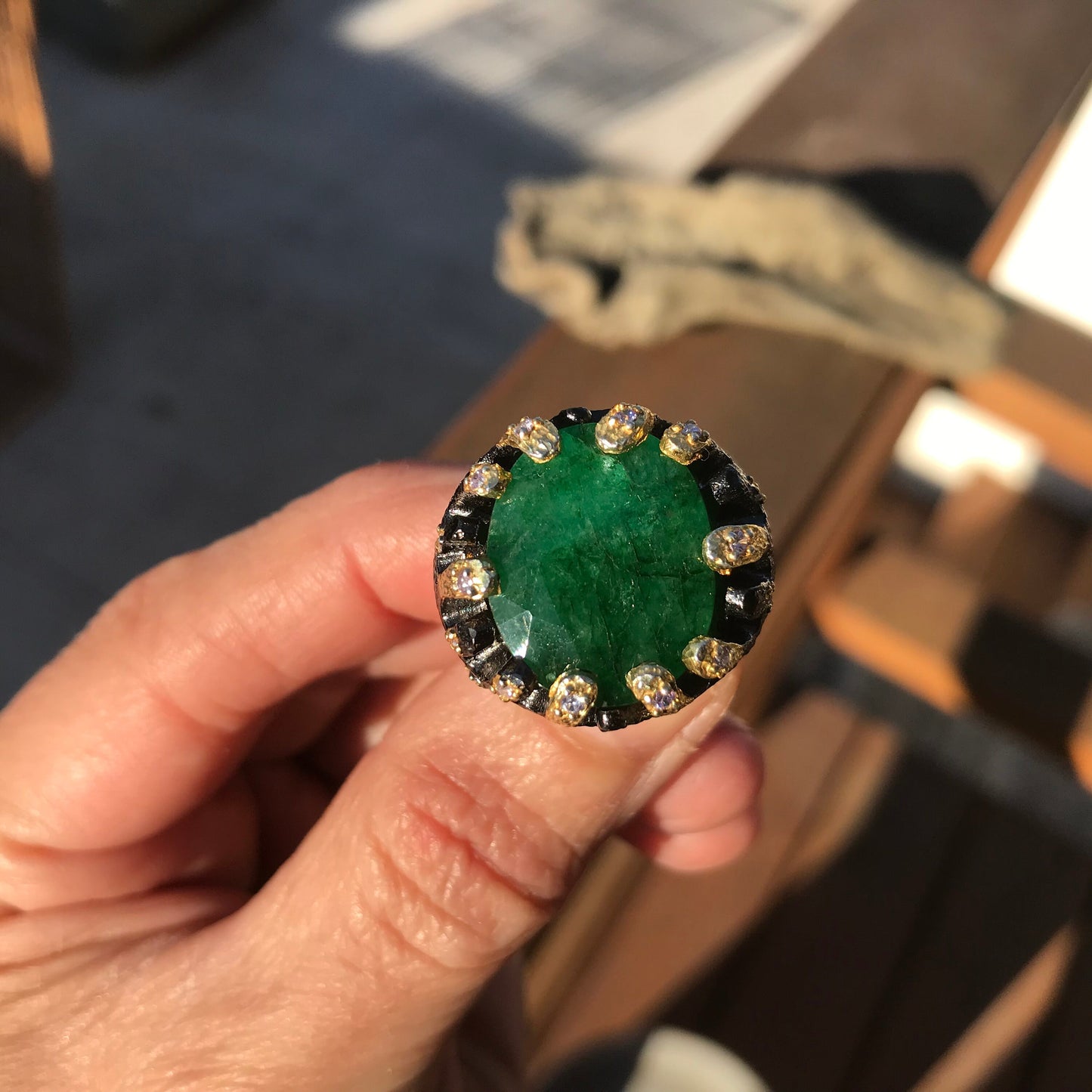 Sterling silver emerald green beryl brutalist  ring 6