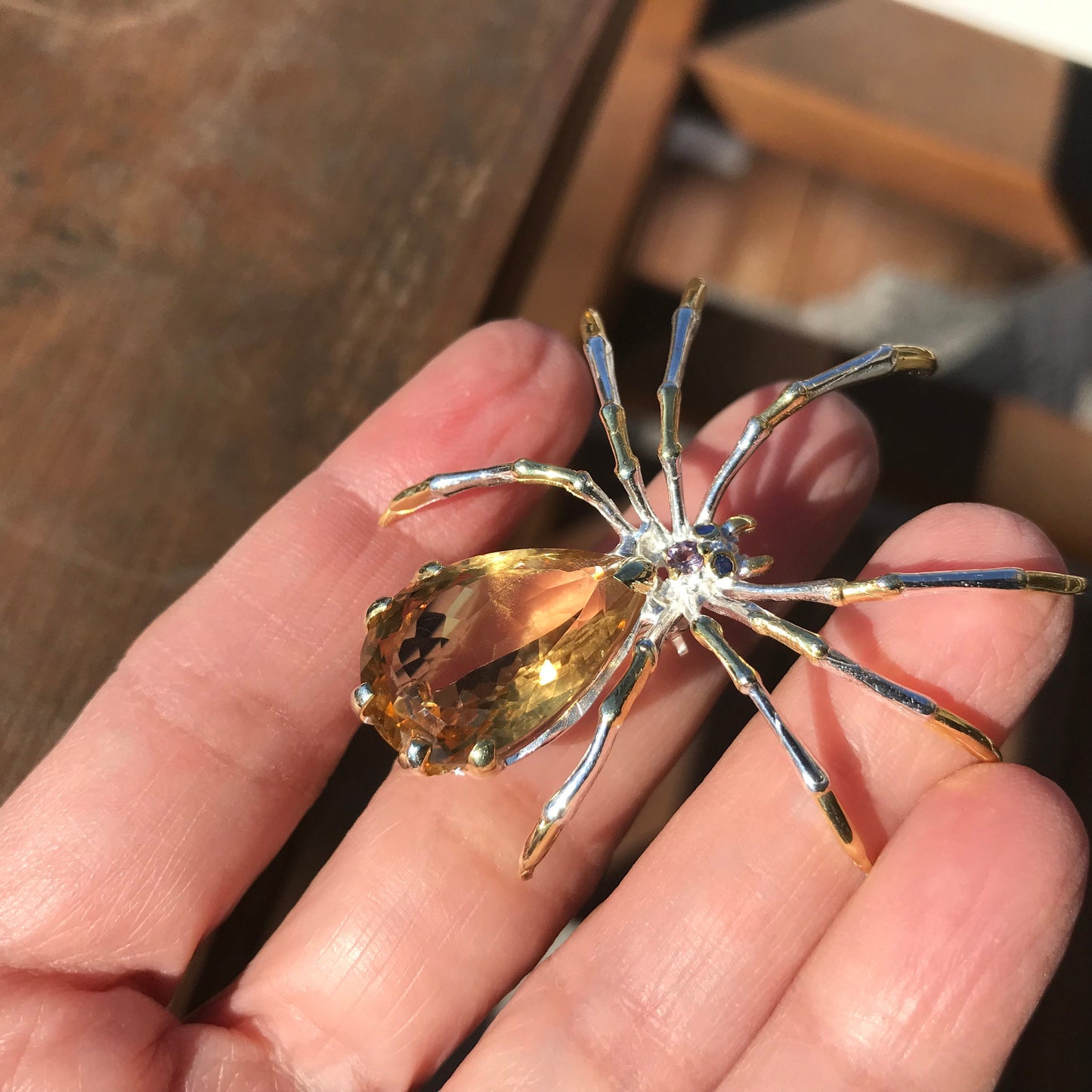 Handmade Sterling Silver modernist spider Brooch Pin citrine 24ct