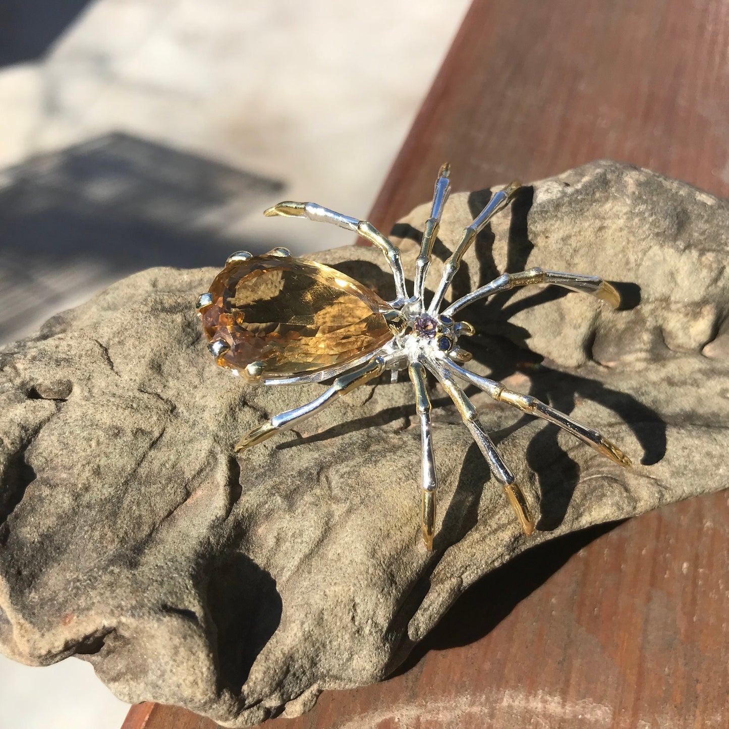 Handmade Sterling Silver modernist spider Brooch Pin citrine 24ct