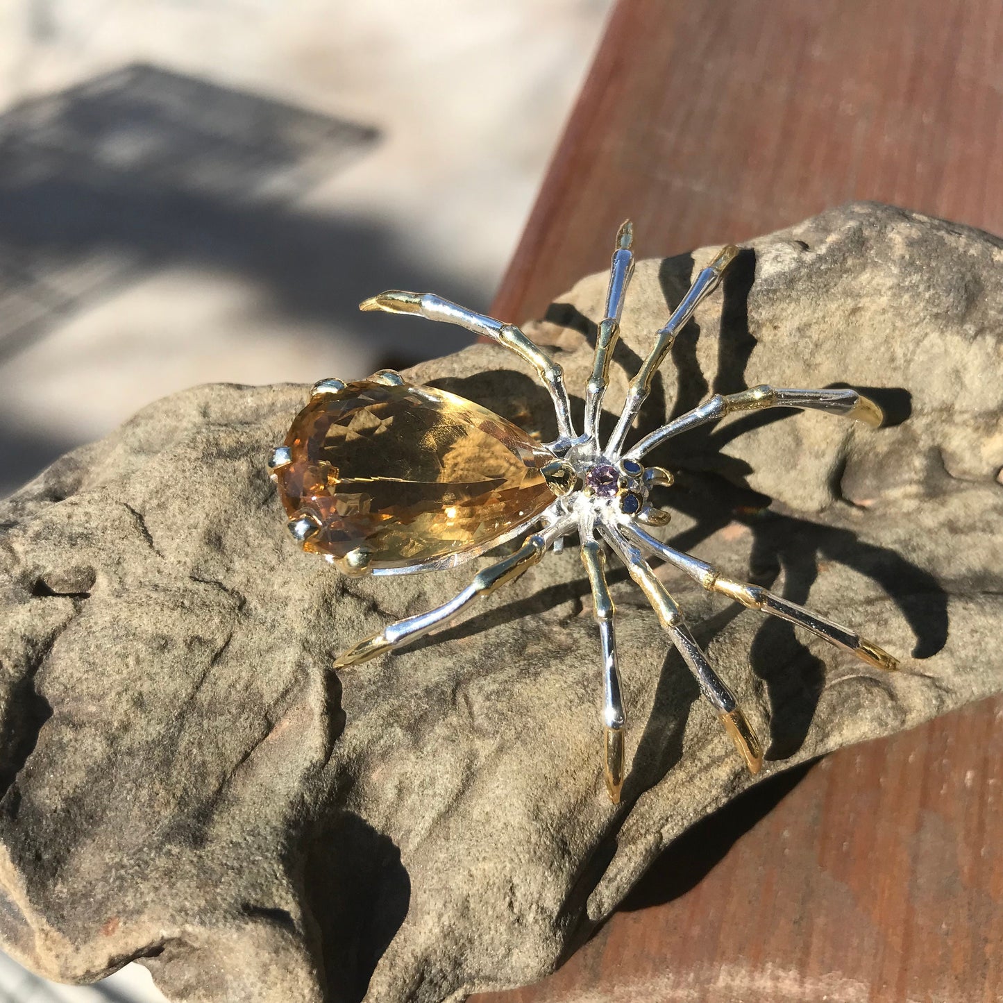 Handmade Sterling Silver modernist spider Brooch Pin citrine 24ct