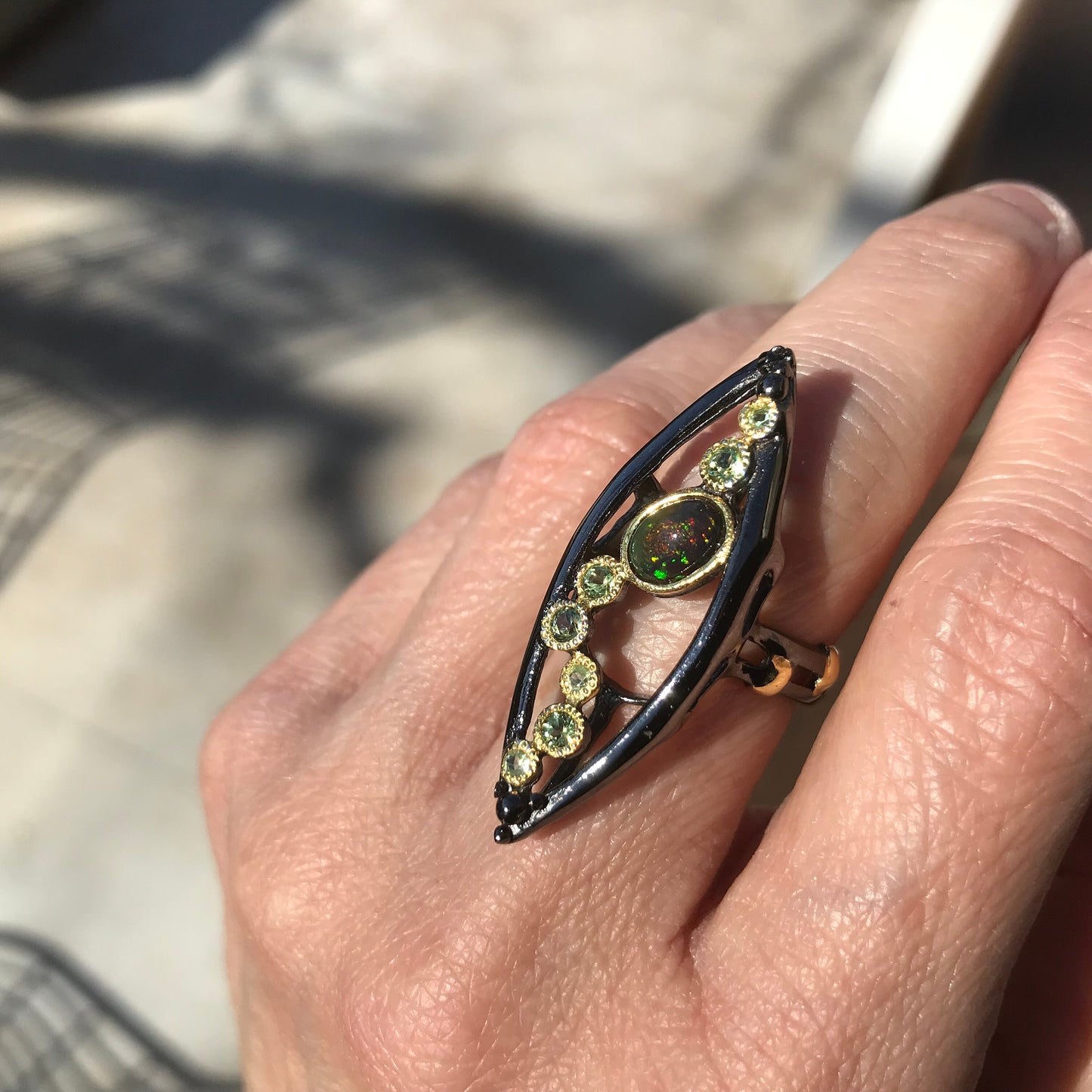 Sterling Silver Natural black opal modernist Ring 6