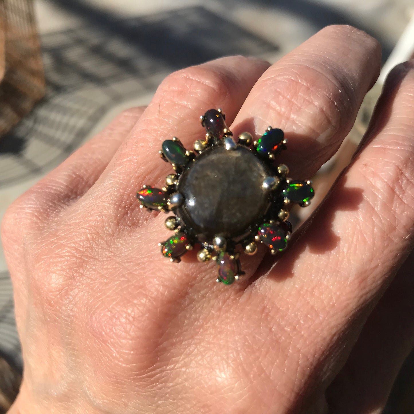 Sterling Silver black  sapphire opal Etnika ring sunburst 8