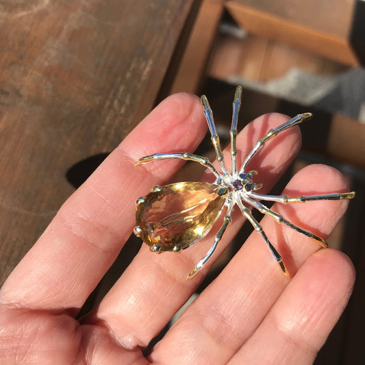 Handmade Sterling Silver modernist spider Brooch Pin citrine 24ct