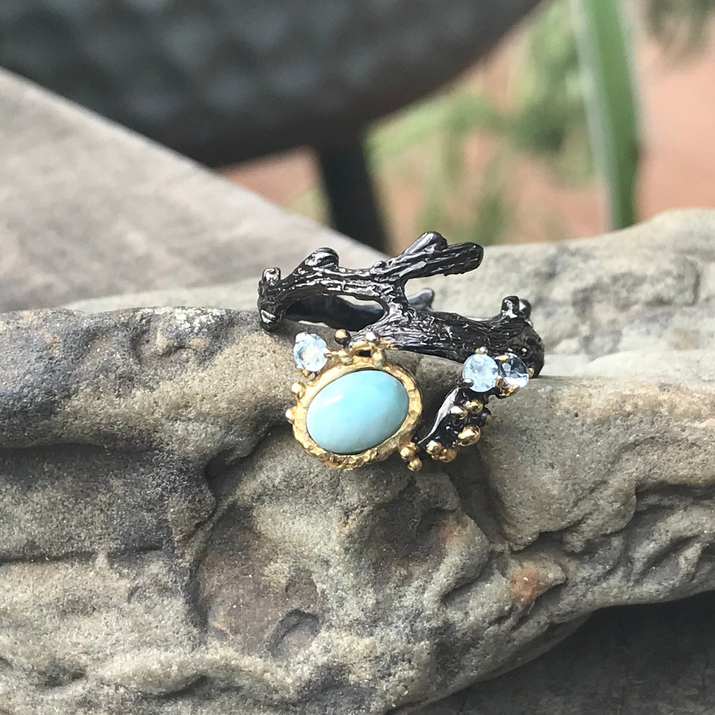 sterling silver Dominican Larimar coral reef  ring 7