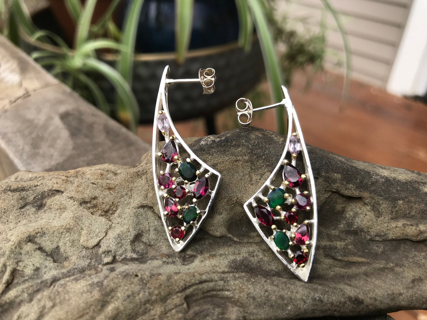 Sterling Silver Natural modernist black Opal Stud hoop  Earrings