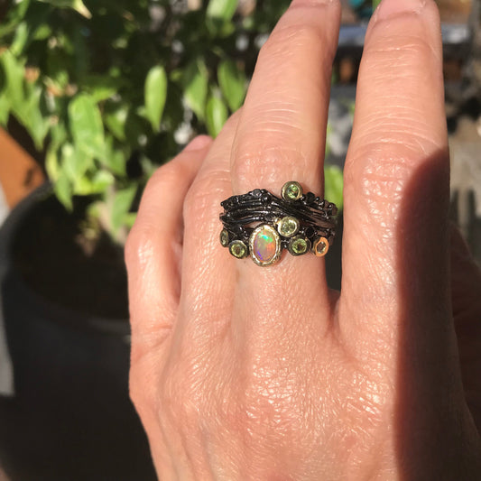 Sterling Silver Handmade orange Opal peridot band ring  7.5