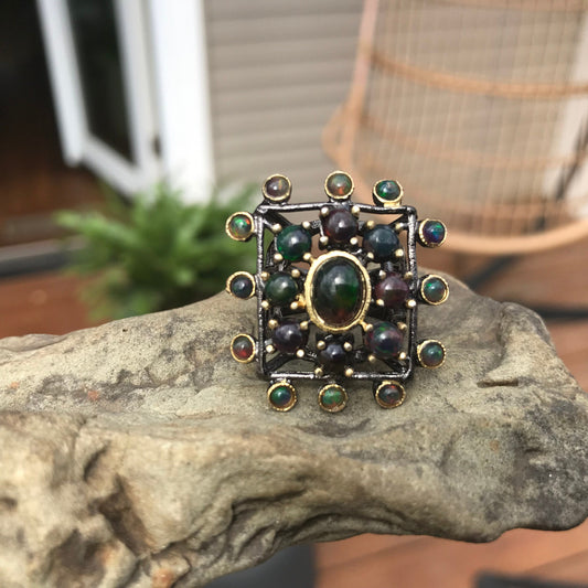 Sterling Silver black Fire Opal Art Deco statement ring 6.5