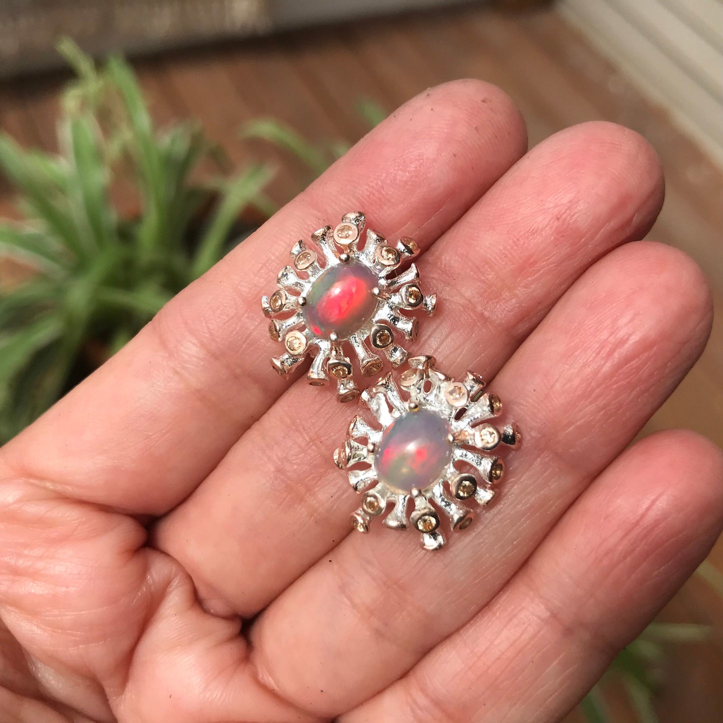Sterling Silver Rainbow Natural Opal  sunburst earrings