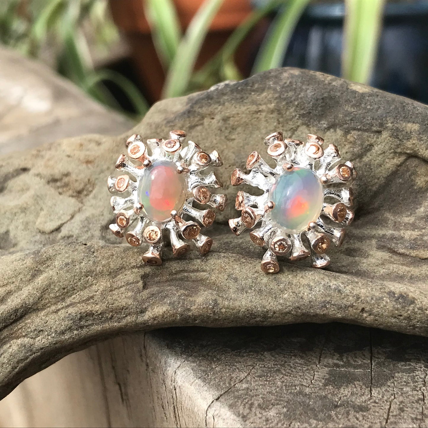 Sterling Silver Rainbow Natural Opal  sunburst earrings
