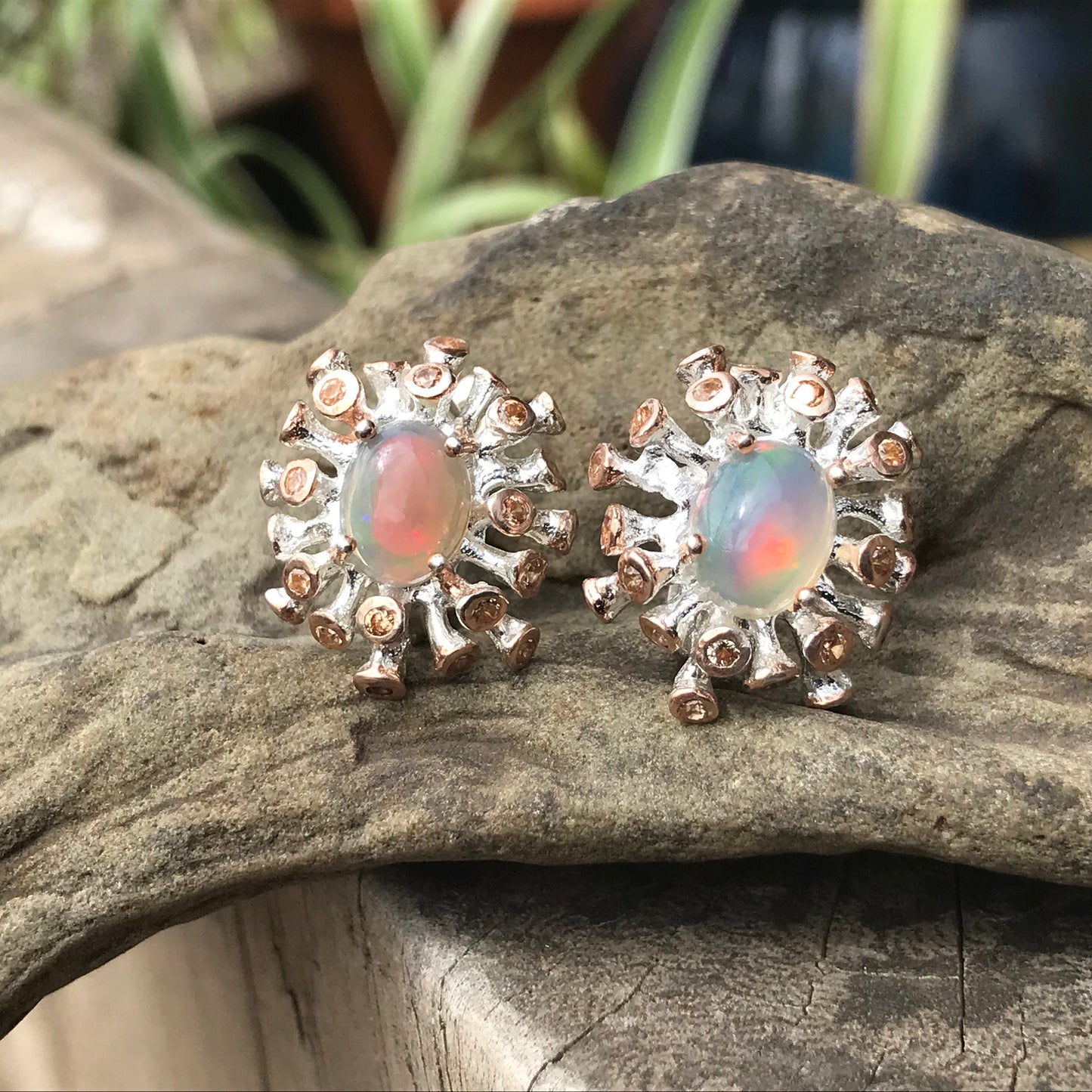 Sterling Silver Rainbow Natural Opal  sunburst earrings