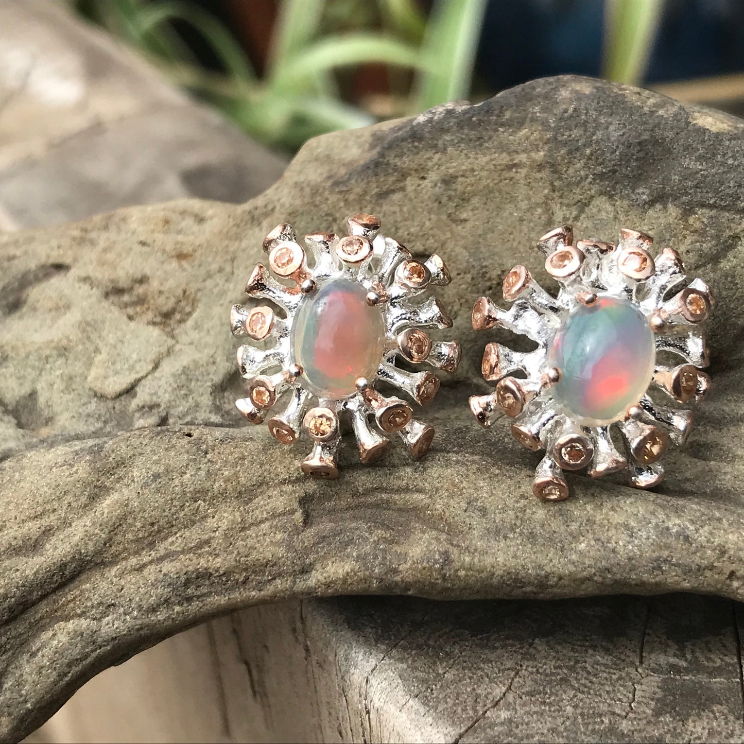 Sterling Silver Rainbow Natural Opal  sunburst earrings