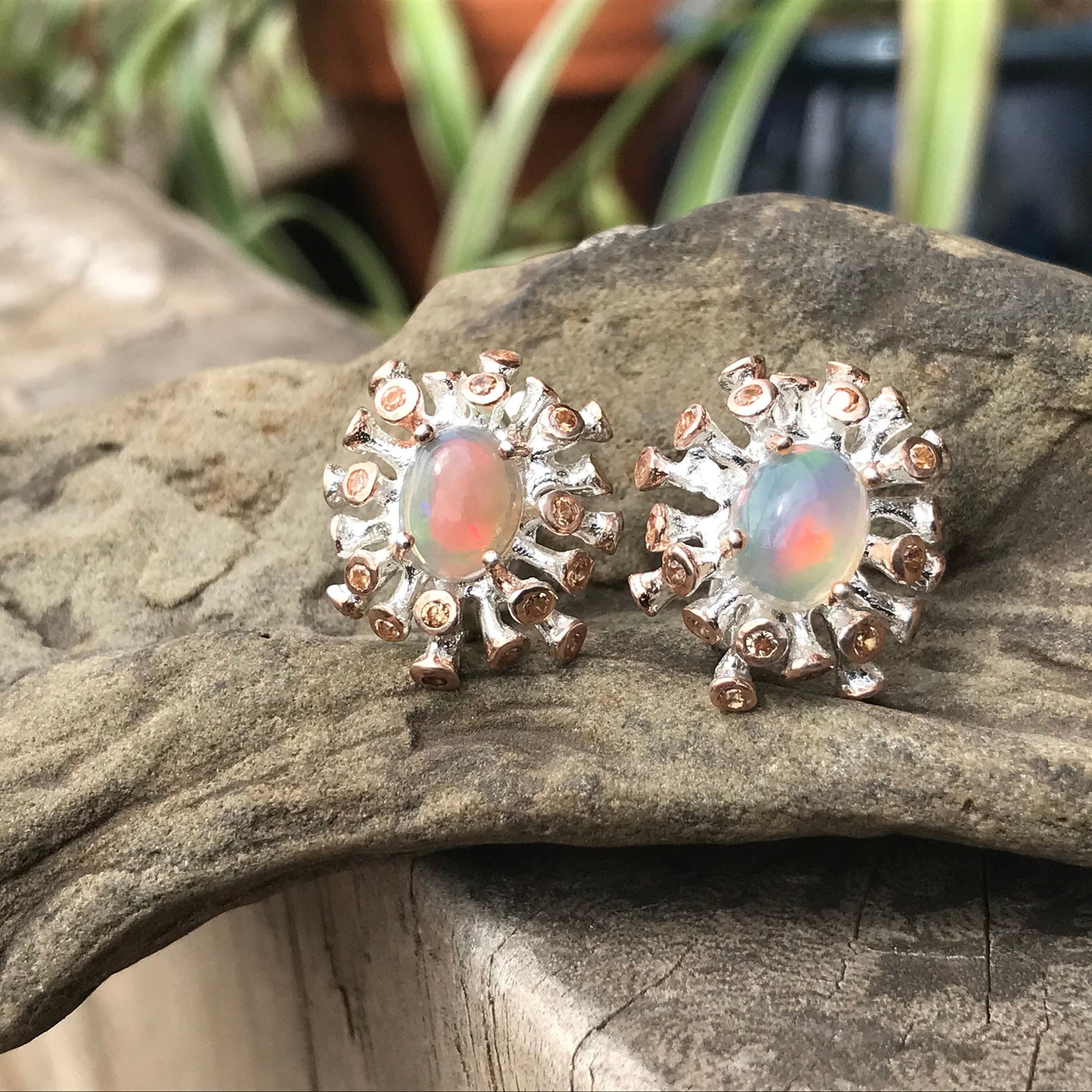 Sterling Silver Rainbow Natural Opal  sunburst earrings