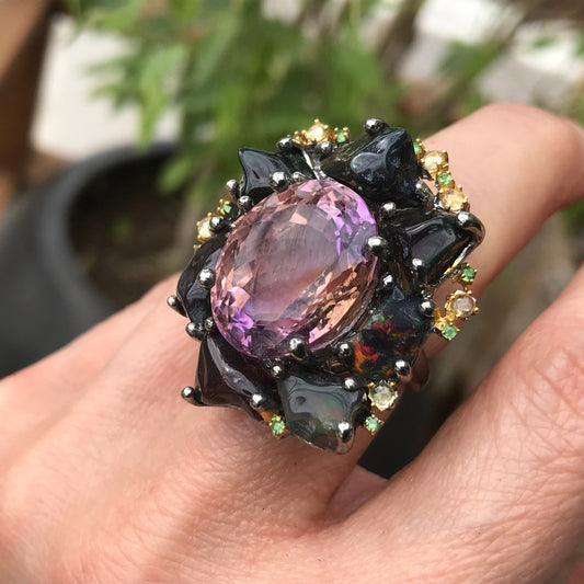 Sterling Silver Ametrine heirloom Fire Rainbow Huge opal ring 7