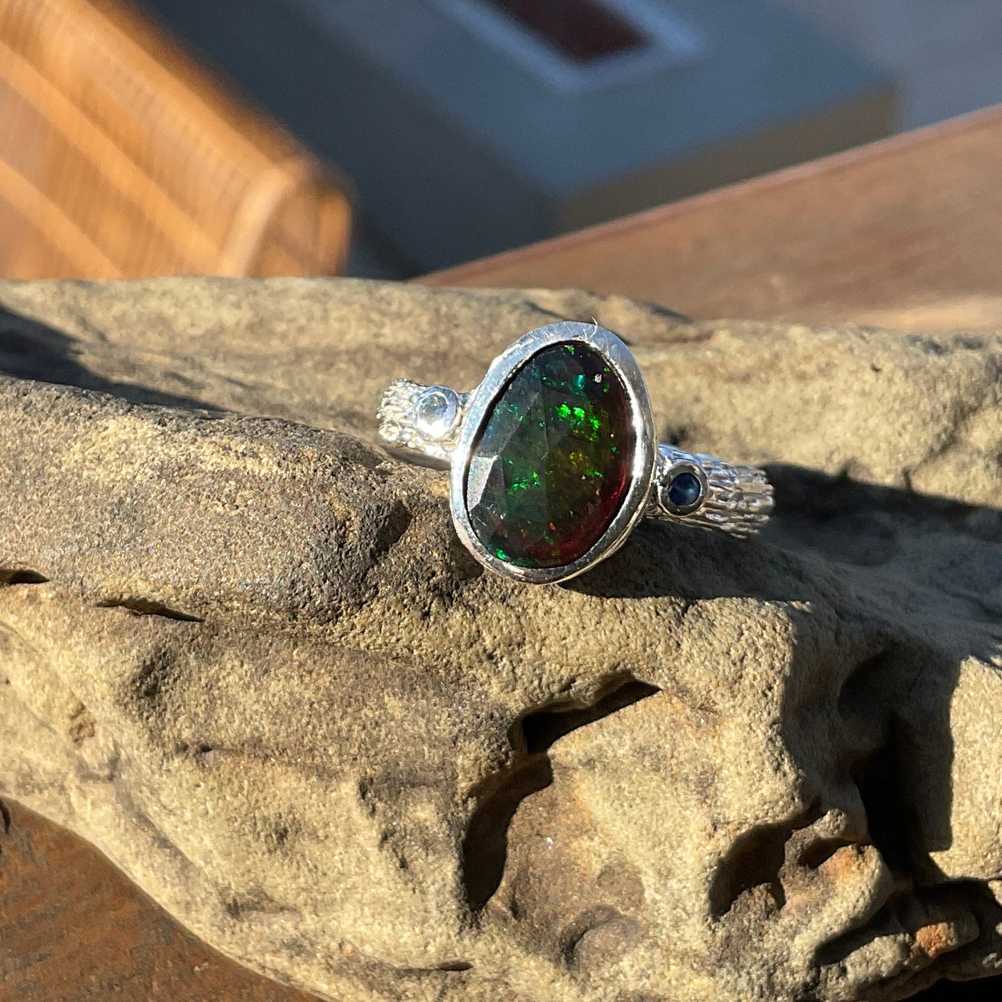 sterling silver Natural black mesmerizing Fire Opal sapphire ring 8