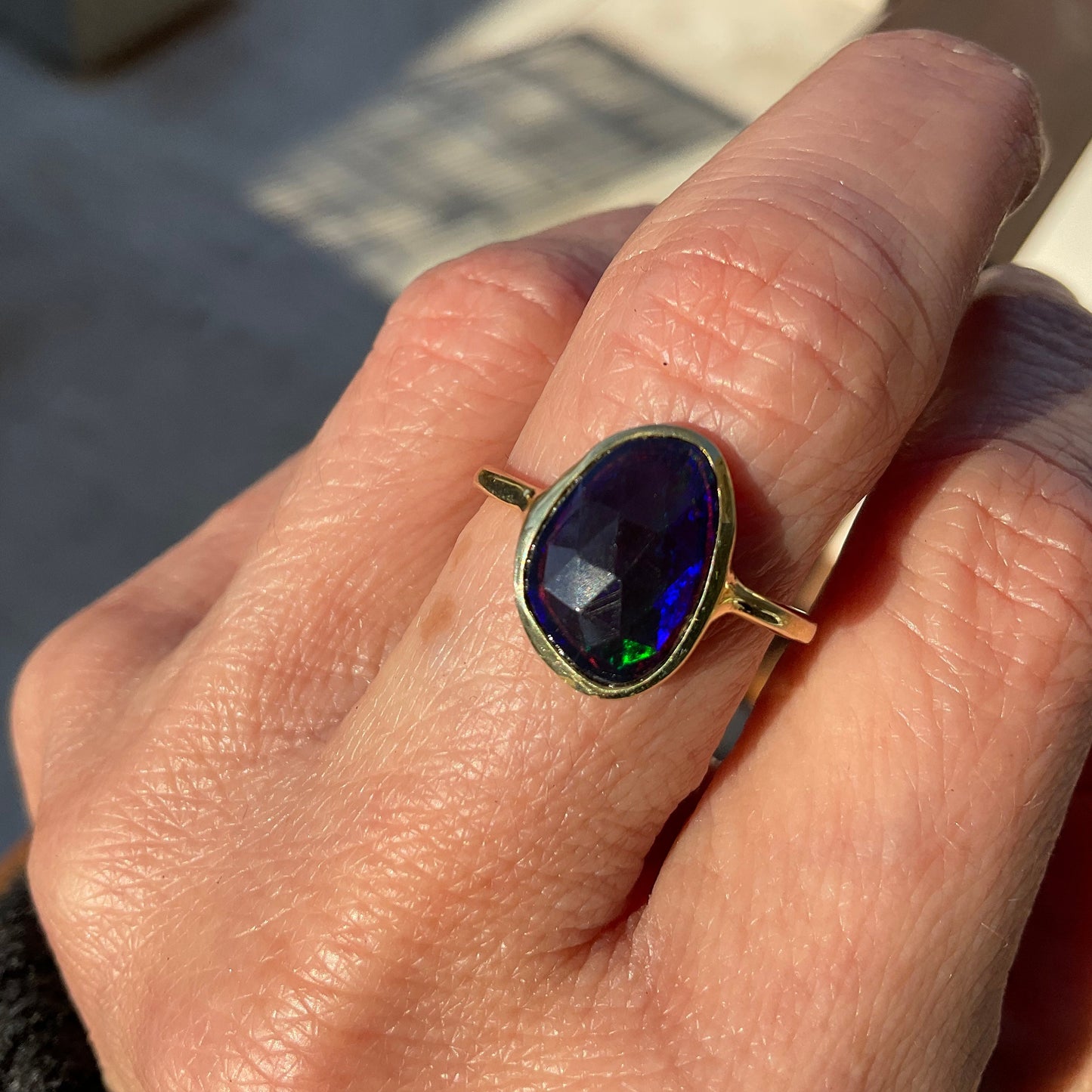sterling silver Natural black mesmerizing blue Fire Opal  ring 7