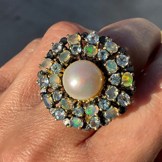 Sterling Silver Fire opal topaz white pearl cluster Ring 8.5