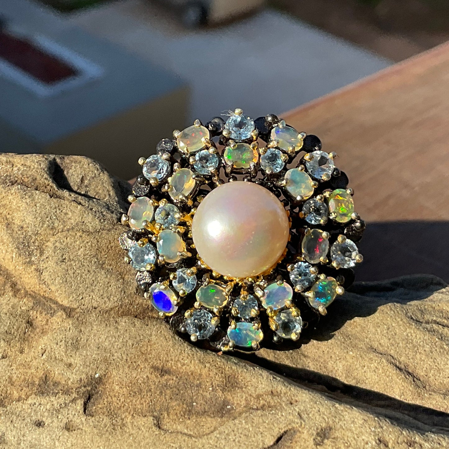 Sterling Silver Fire opal topaz white pearl cluster Ring 8.5