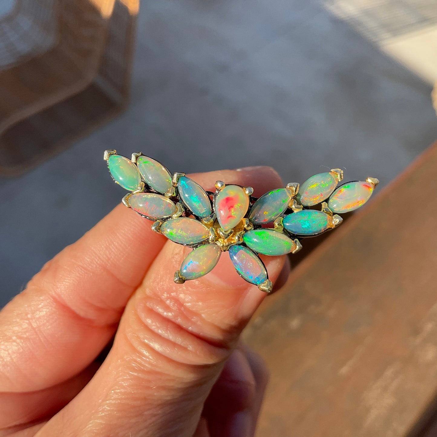 Sterling Silver natural flash Opal huge statement butterfly Ring 8