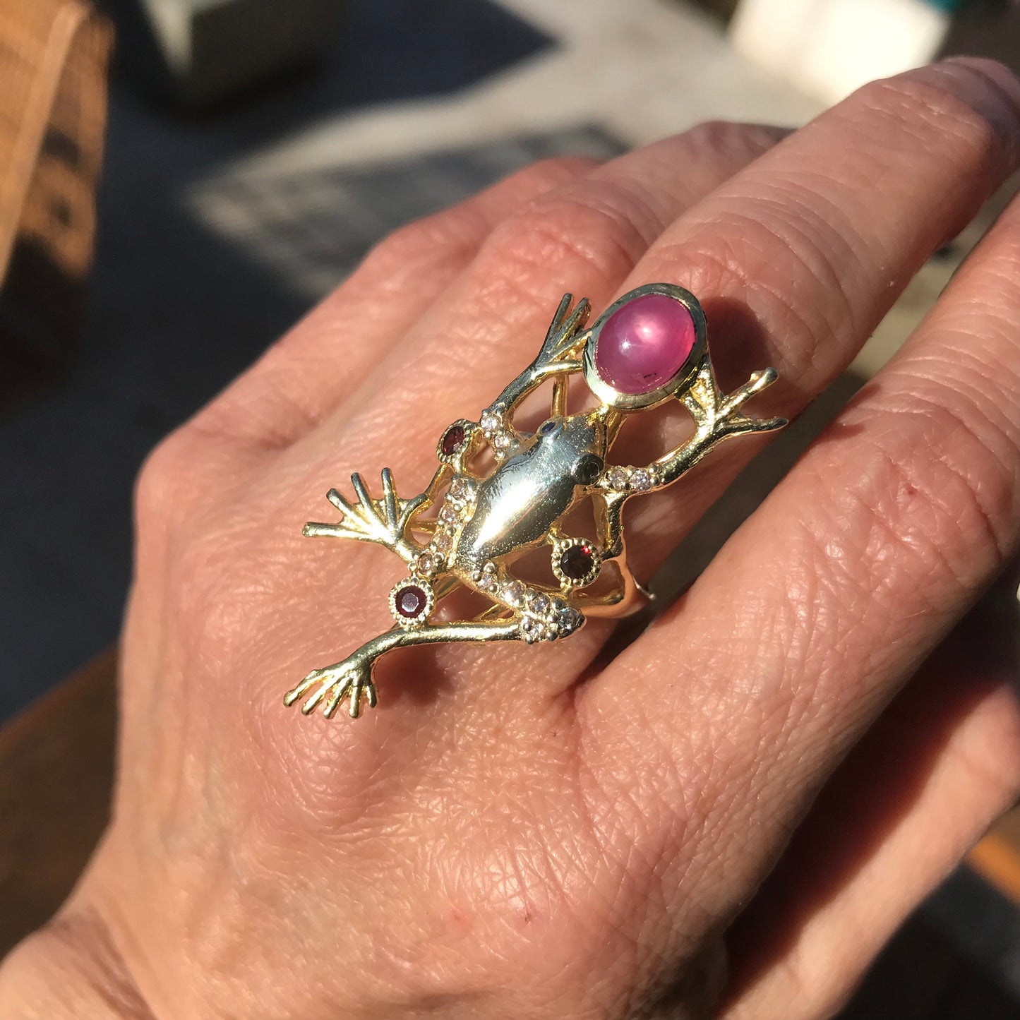 Sterling Silver ruby rhodolite gold  artwork frog Statement Ring 8