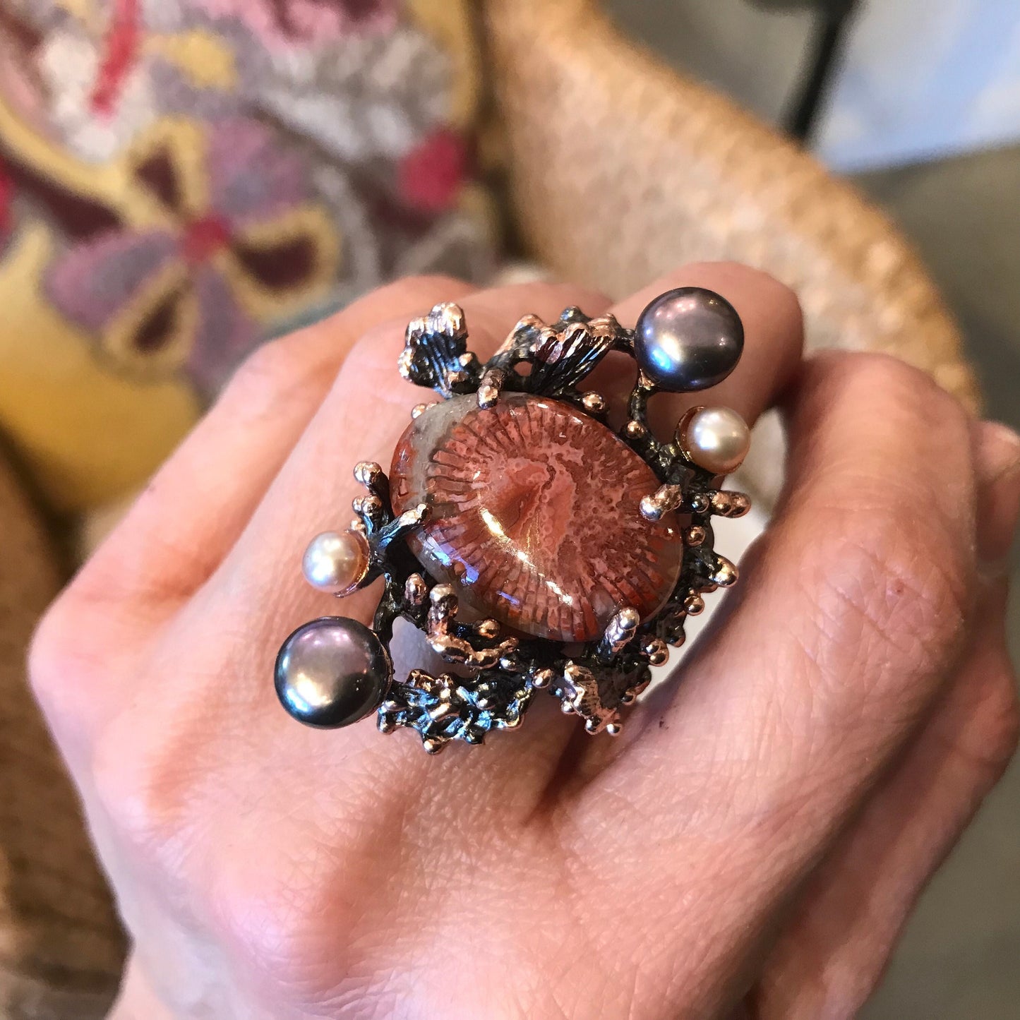 Sterling Silver Fossilized coral pearl coral reef statement Ring 10