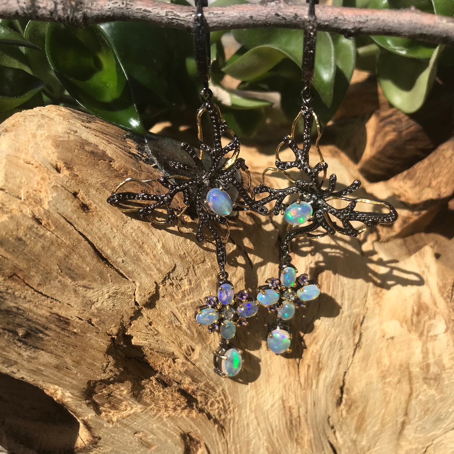 sterling silverNatural opals dangle butterfly art earrings