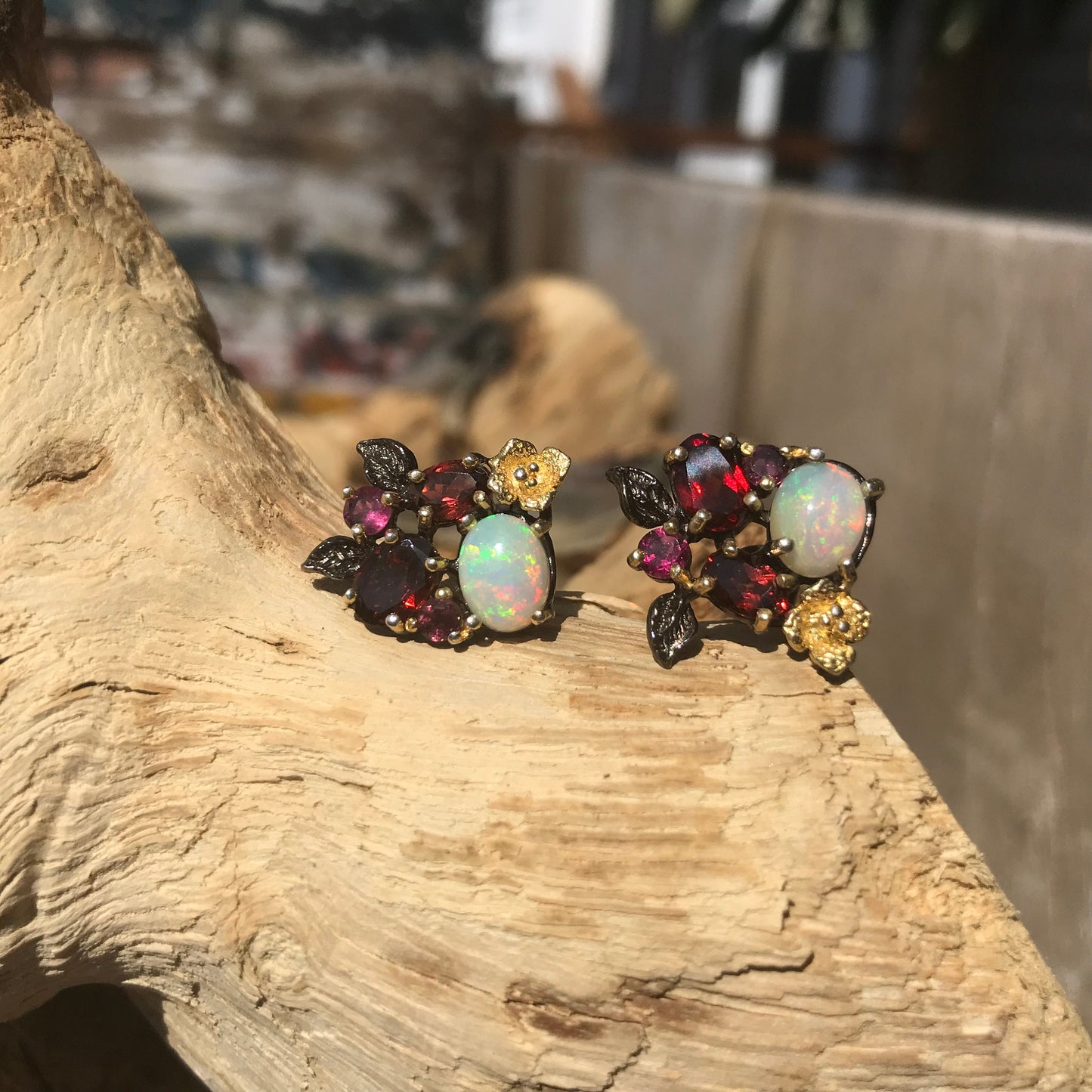 sterling silver Black natural opal rhodolite garnet Stud earrings