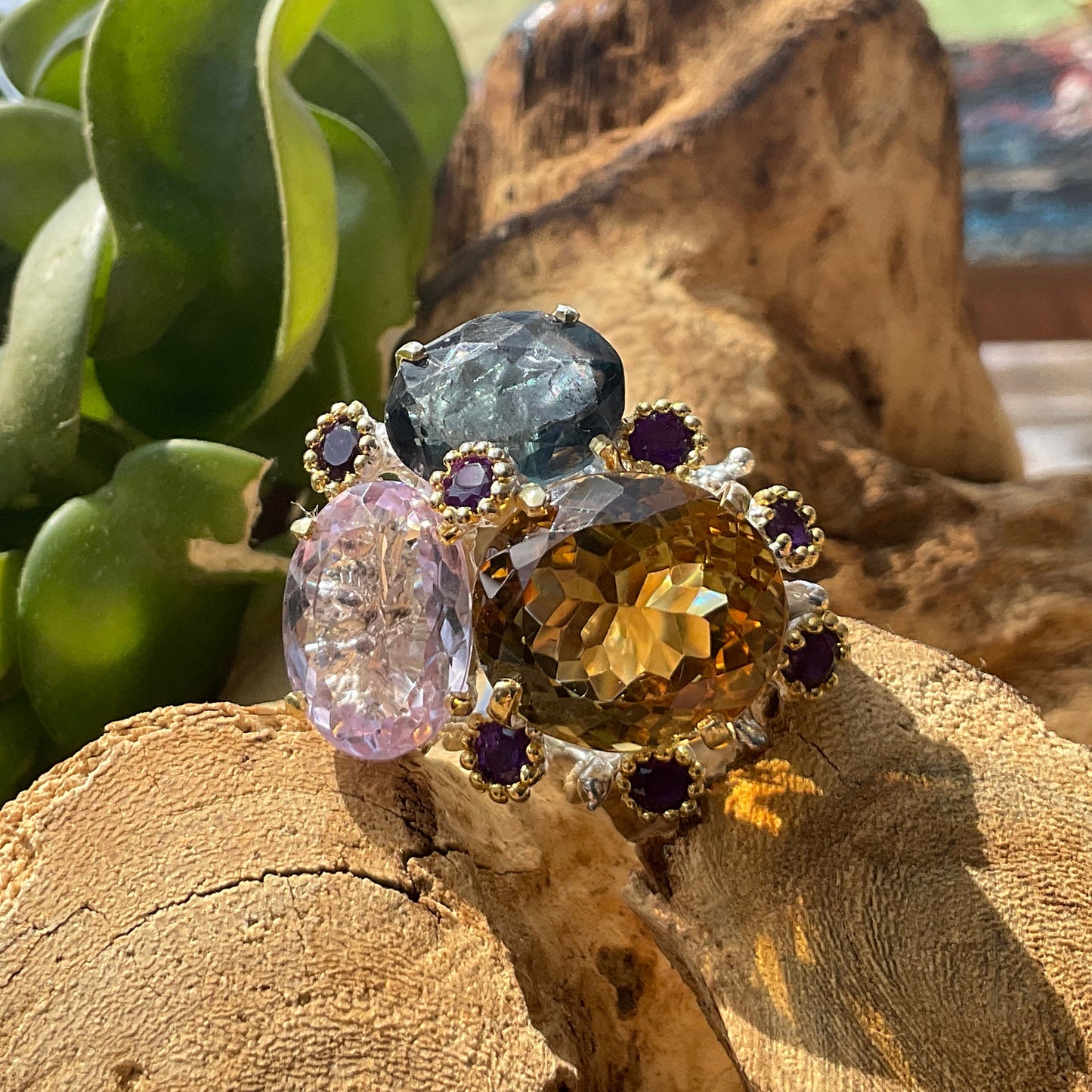 sterling Silver amethyst fluorite citrine statement Ring 7.5