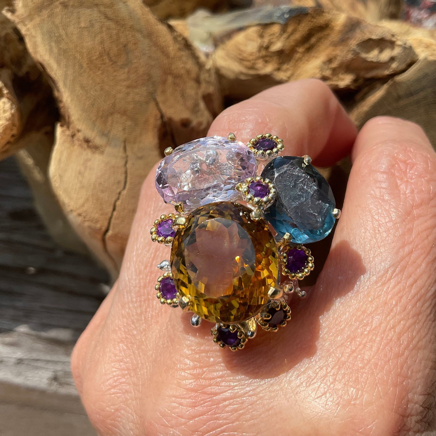 sterling Silver amethyst fluorite citrine statement Ring 7.5