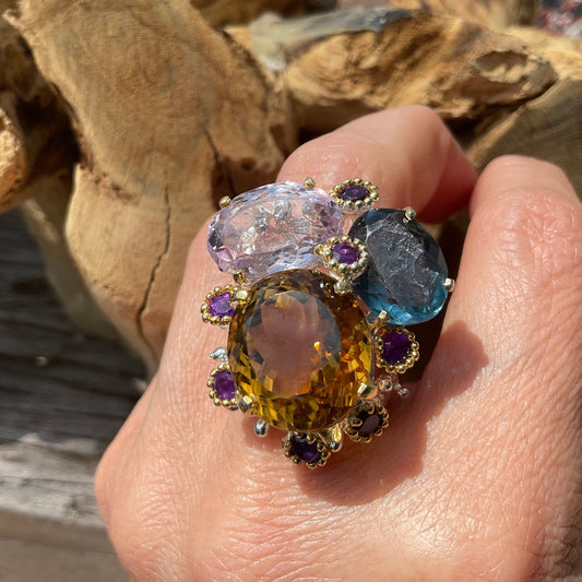 sterling Silver amethyst fluorite citrine statement Ring 7.5