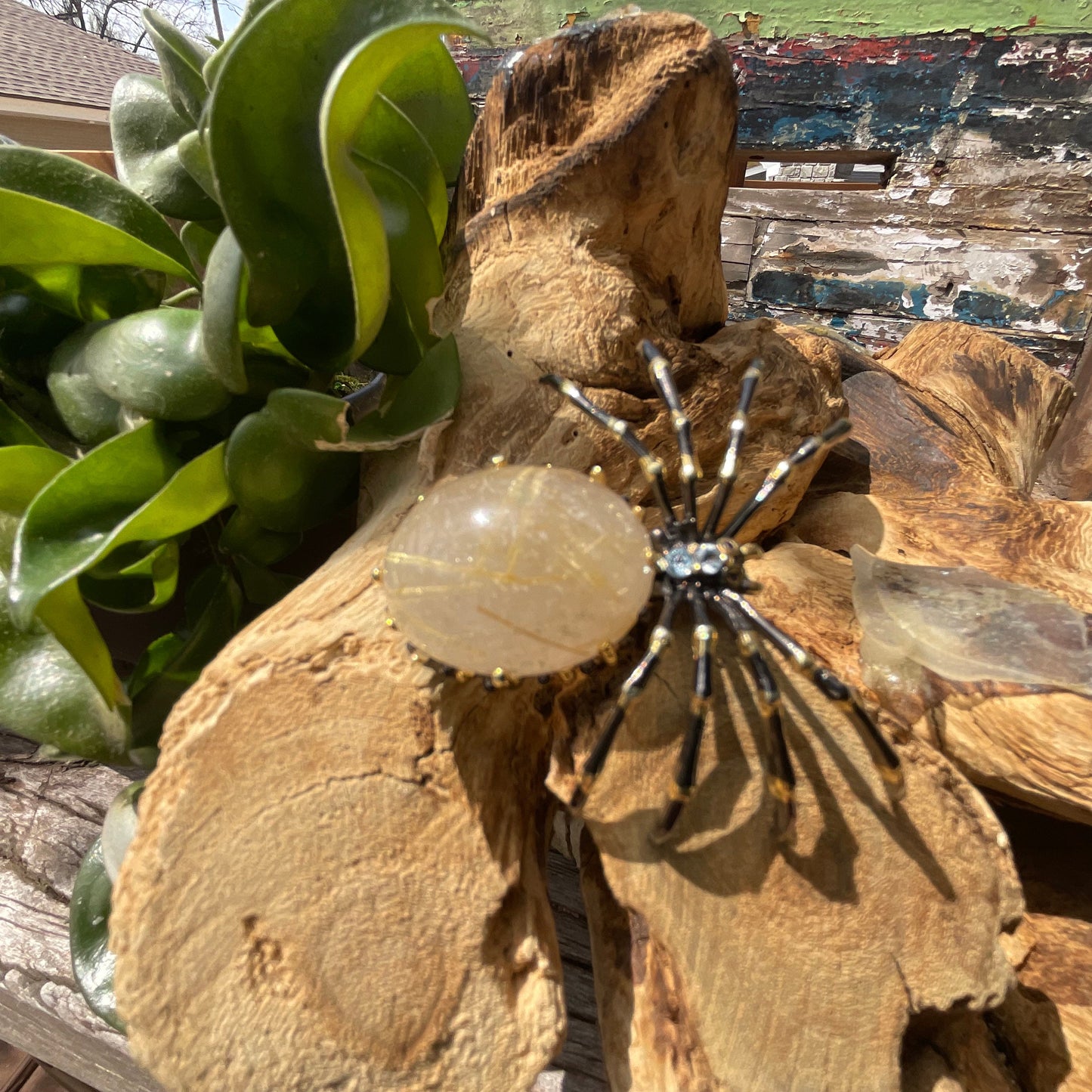 Handmade Sterling Silver rutilated quartz  topaz spider Brooch Pin
