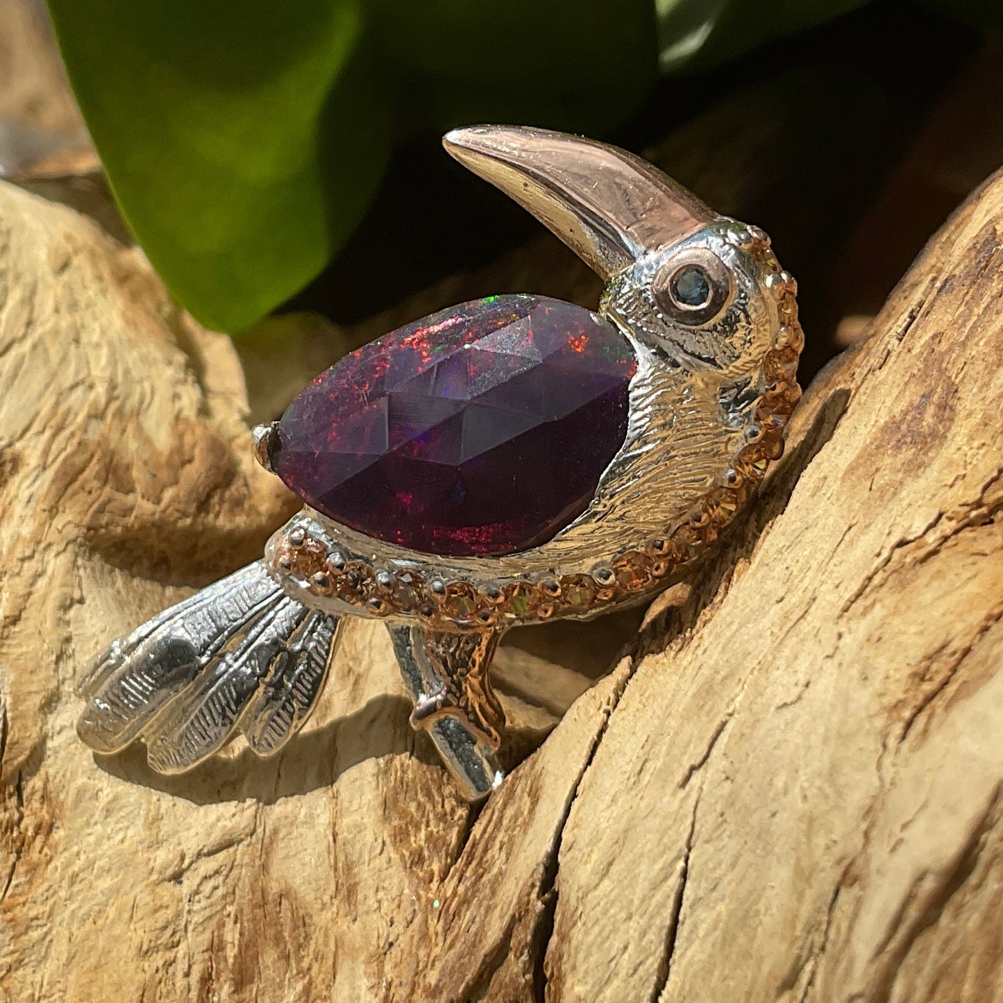 Black Rainbow opal Sterling Silver tucan bird pendant for Necklace