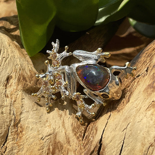 Sterling silver  Rainbow opal frog art pendant for Necklace