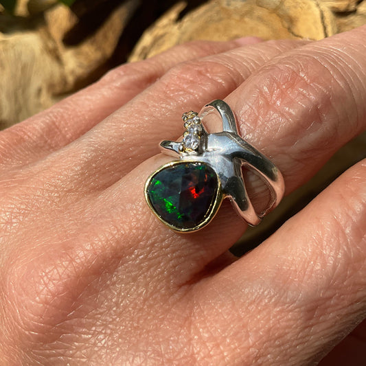 Sterling Silver natural black Opal band ring 6.5