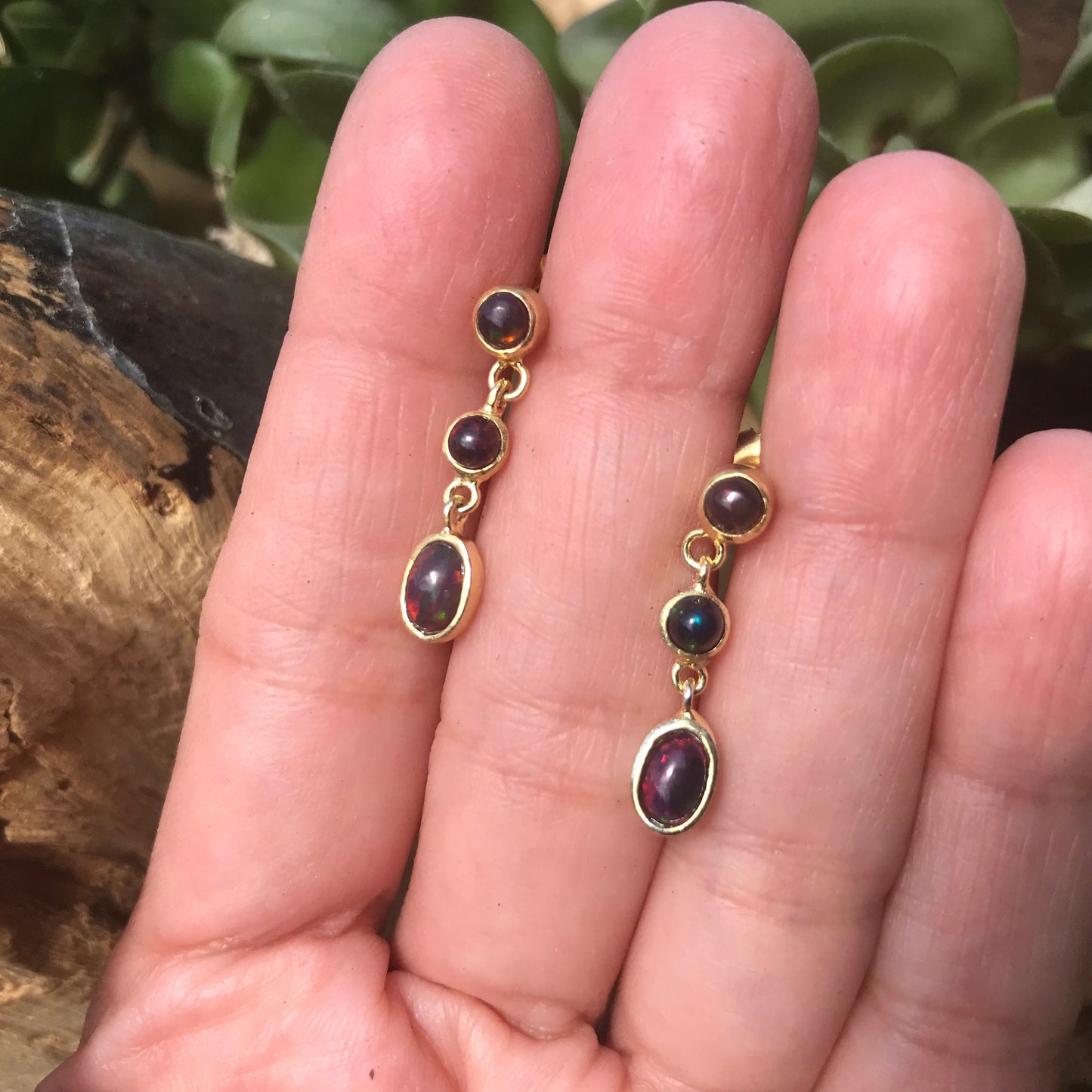 Sterling Silver natural black rainbow opal gold dangle  earrings