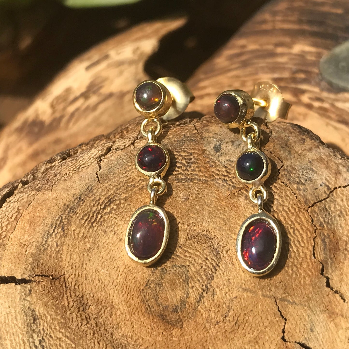Sterling Silver natural black rainbow opal gold dangle  earrings