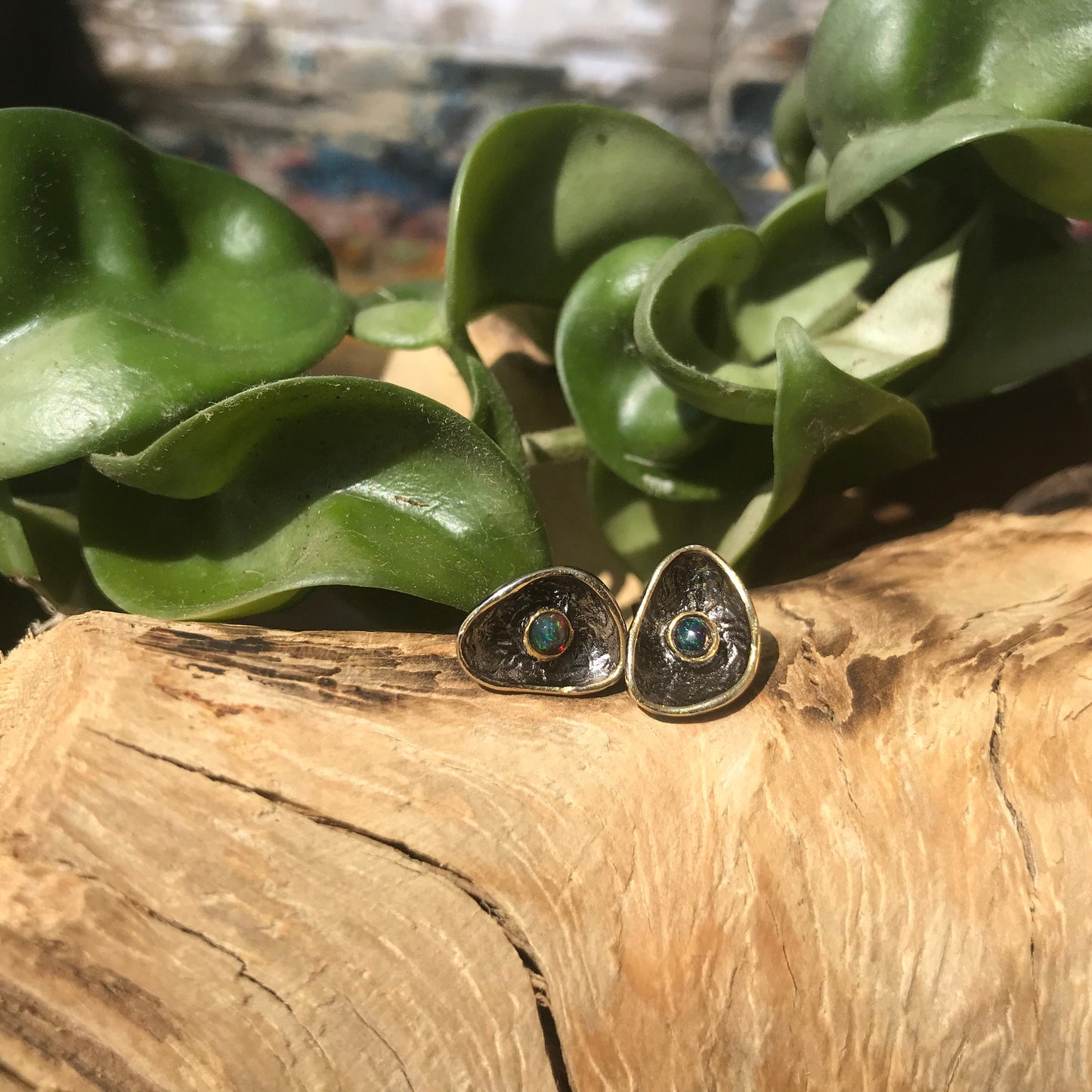 Sterling Silver Natural black Fire opal stud earrings