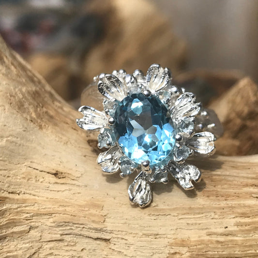 Sterling Silver natural  art blue topaz ring handmade 6.5