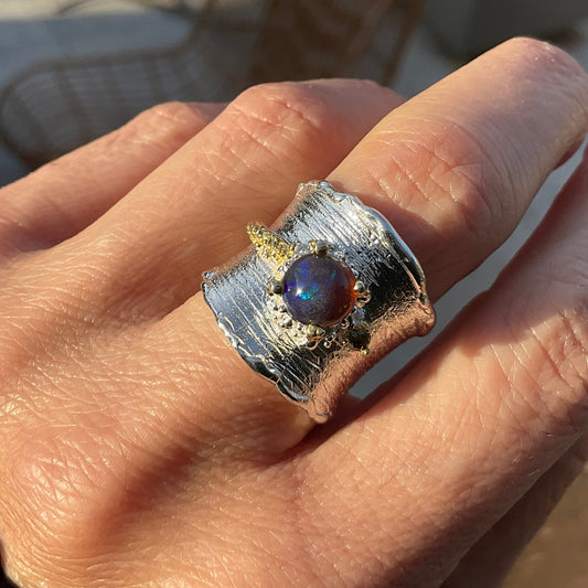 sterling silver natural black opal band Etnika cuff ring 6 7  7.5