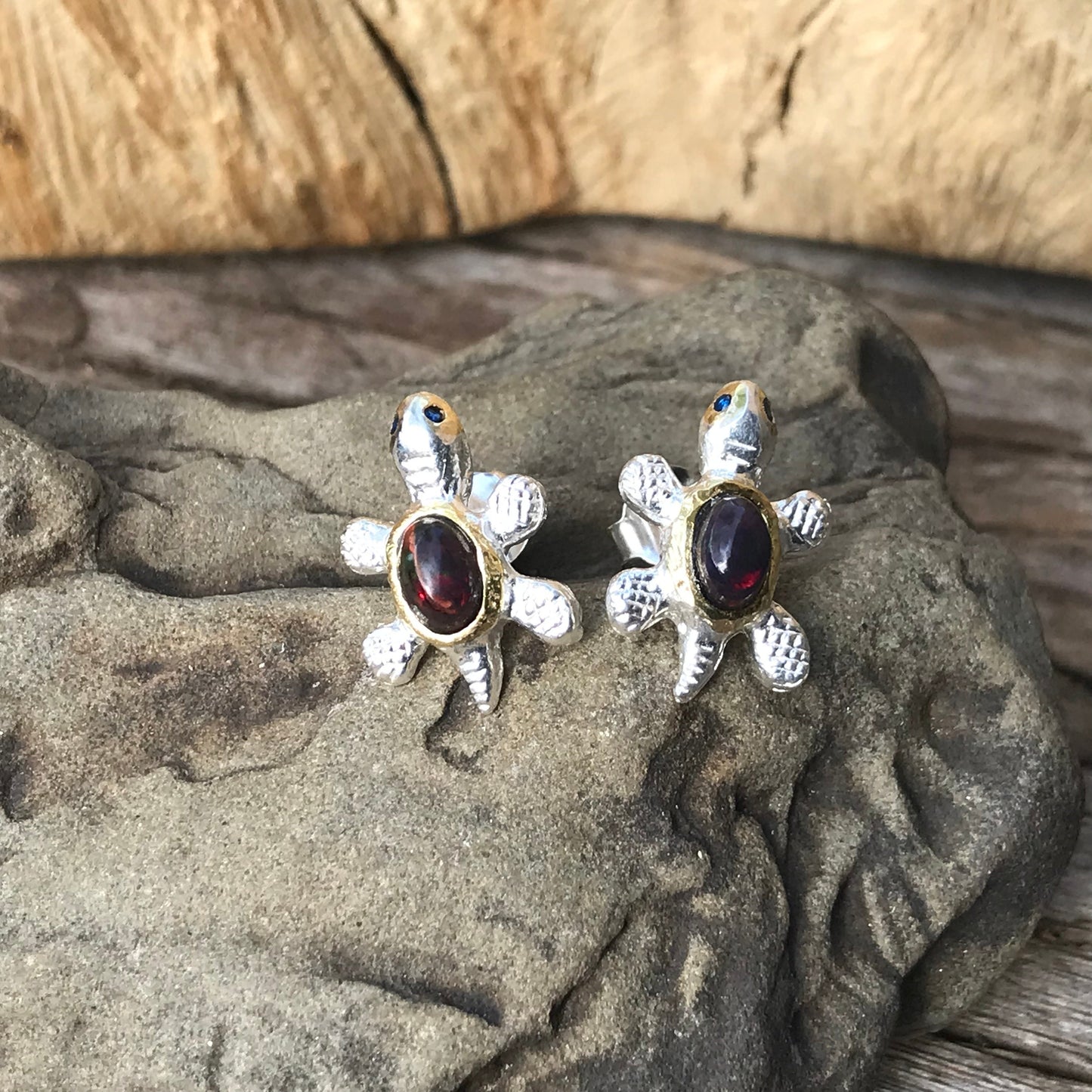 Sterling silver Natural black red fire opal stud  Earrings Turtle