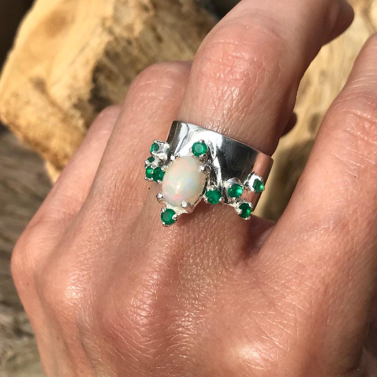 sterling silver natural  fire opal green onyx band ring 7