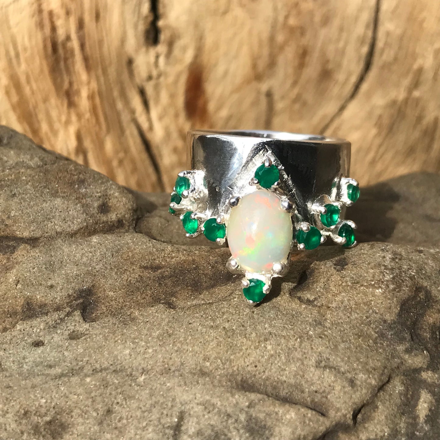 sterling silver natural  fire opal green onyx band ring 7